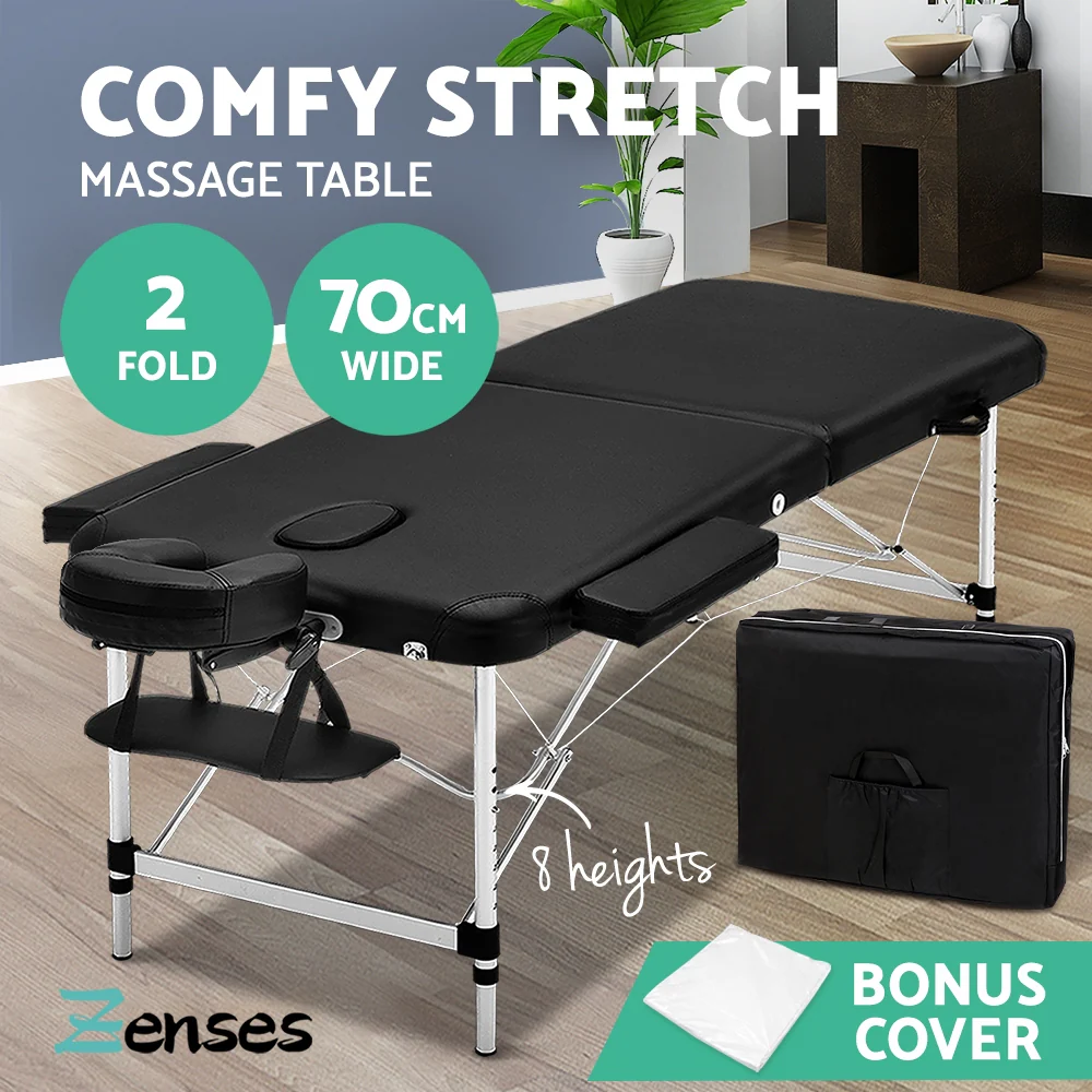 Massage Table 70cm 2 Fold Aluminium Massage Bed Portable Beauty Therapy Black - Nurns