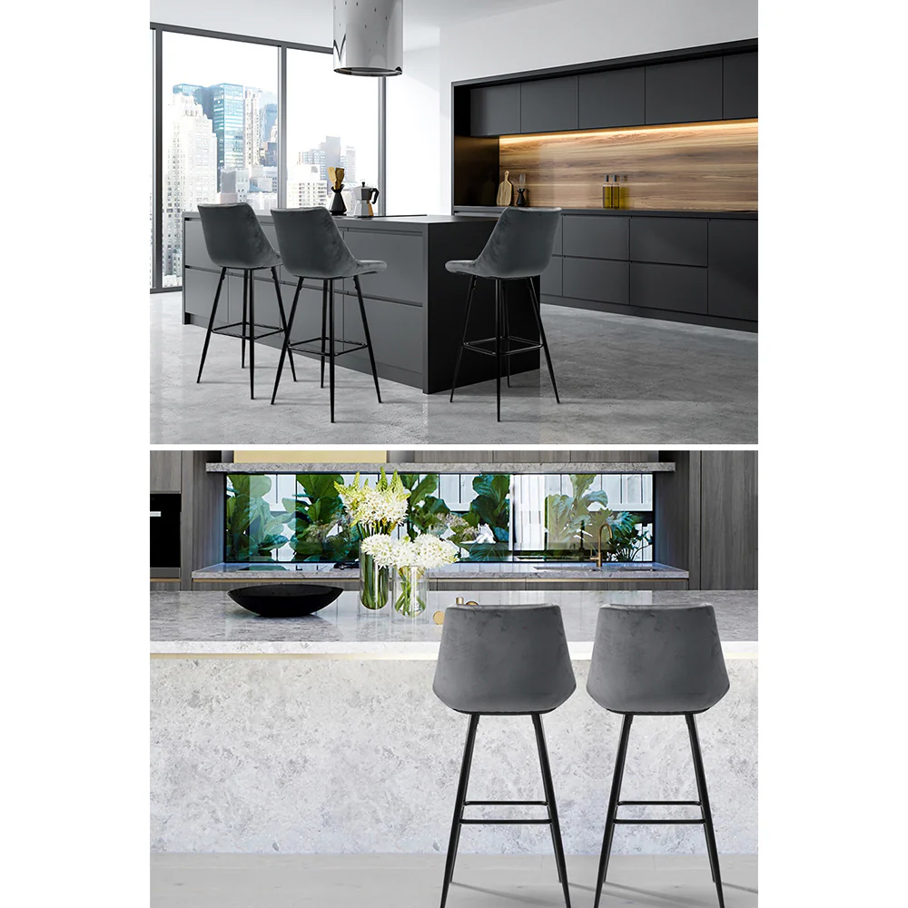 Set of 2 Loures Velvet Bar Stools - Grey - Nurns