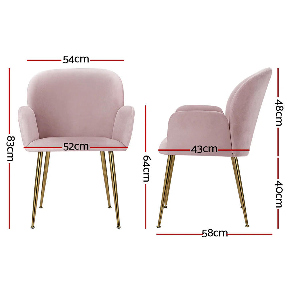 Bentley Set of 2 Dining Chairs Velvet Armchair - Pink - Nurns