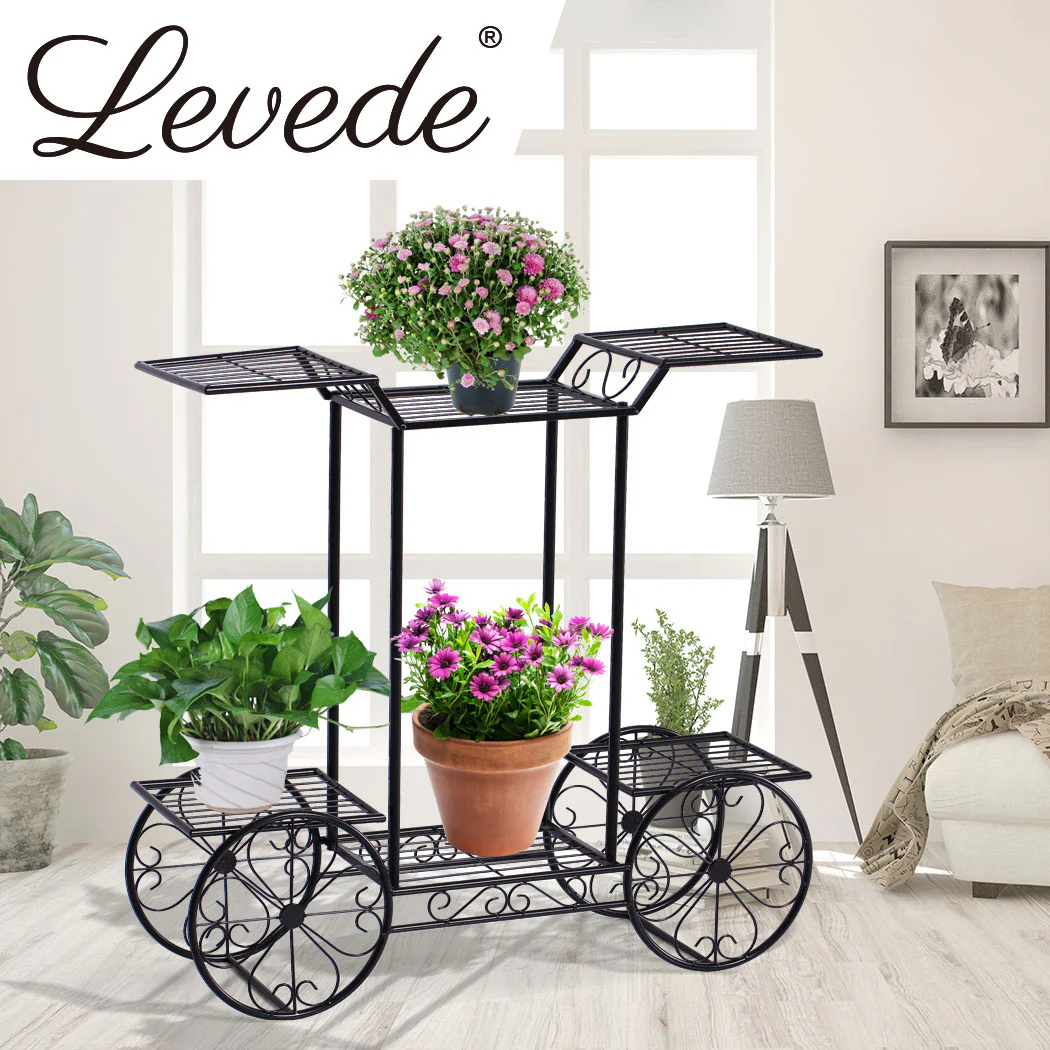 Set of 2 Plant Stand Outdoor Indoor Pot Garden Decor Flower Rack Wrought Iron 4Wheeler - Nurns