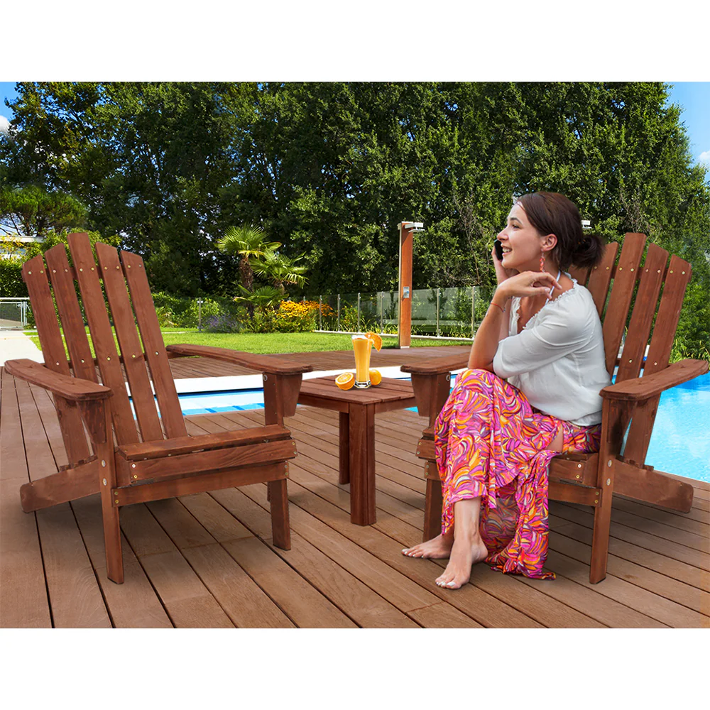 Adirondack Gardeon 3PC Outdoor Table and Chairs Wooden Beach Chair Brown - Nurns