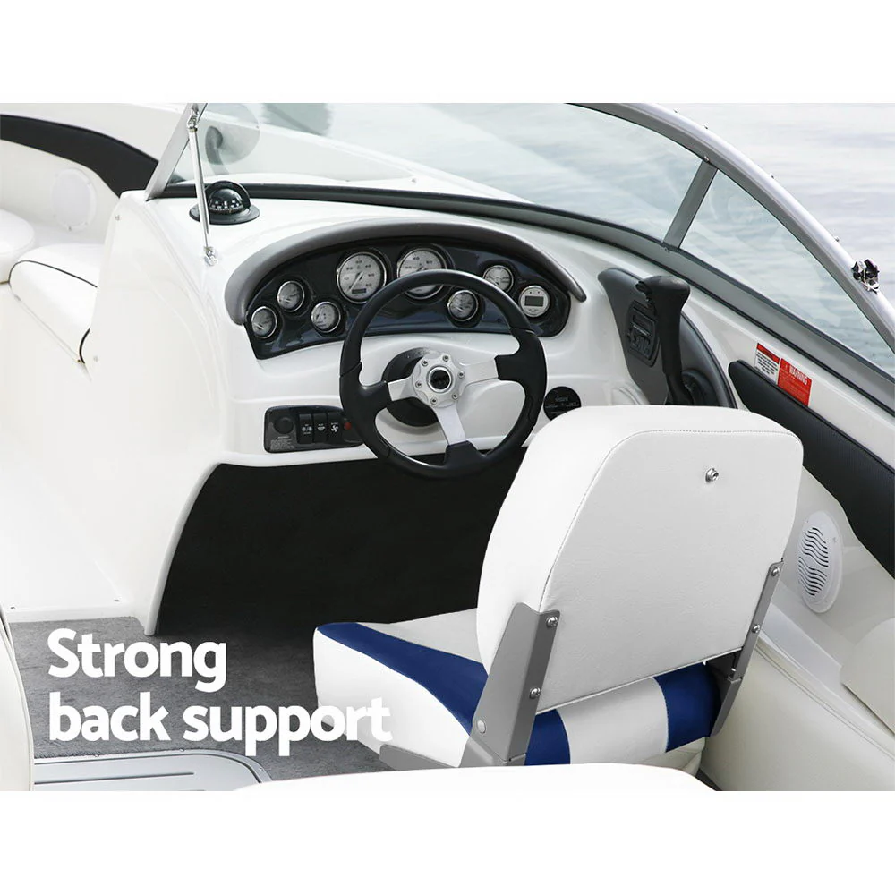 Set of 2 Folding Boat Seats Marine Swivel Low Back 13cm Padding White Blue - Nurns