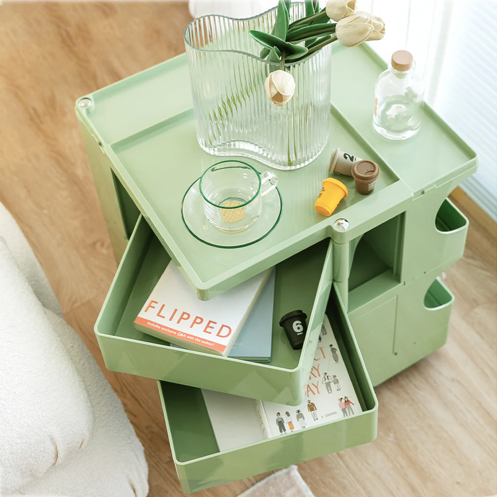 Vernon PP Plastic Bedside Tables Side Tables Nightstand Organizer Replica Boby Trolley 3 Tier with 2 Drawers - Green - Nurns