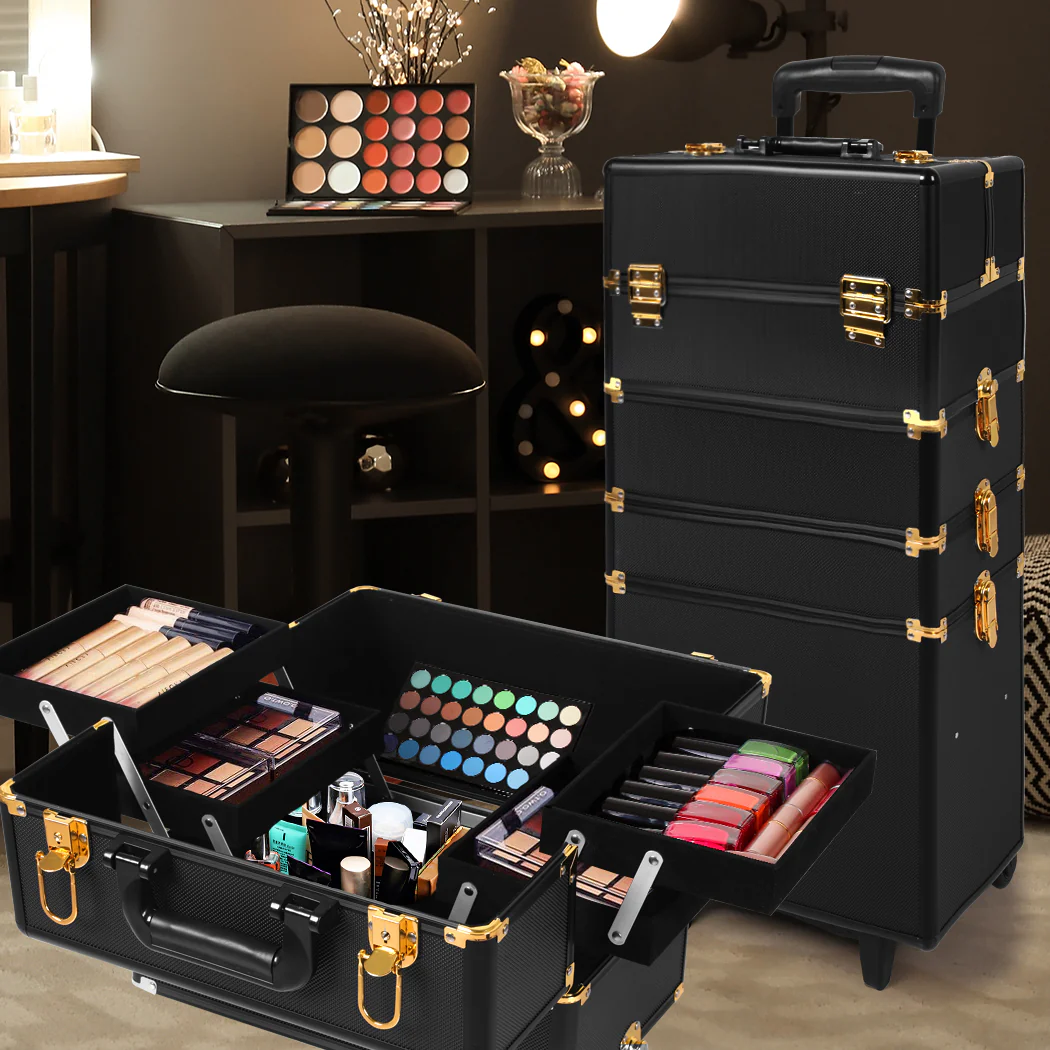 Makeup Case Professional Makeup Organiser 7 In 1 Trolley Black Gold - Nurns