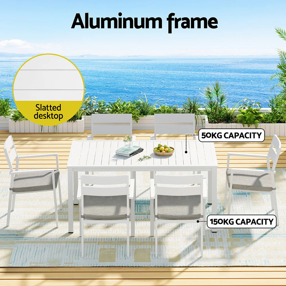 Makena 6-Seater Aluminium Table Chairs Lounge Setting 7-Piece Outdoor Dining Set - White - Nurns