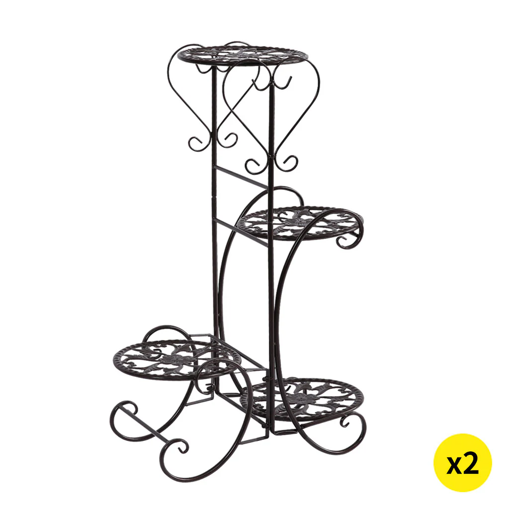 Set of 2 Flower Shape Metal Plant Stand with 4 Plant Pot Space in Black Colour - Nurns