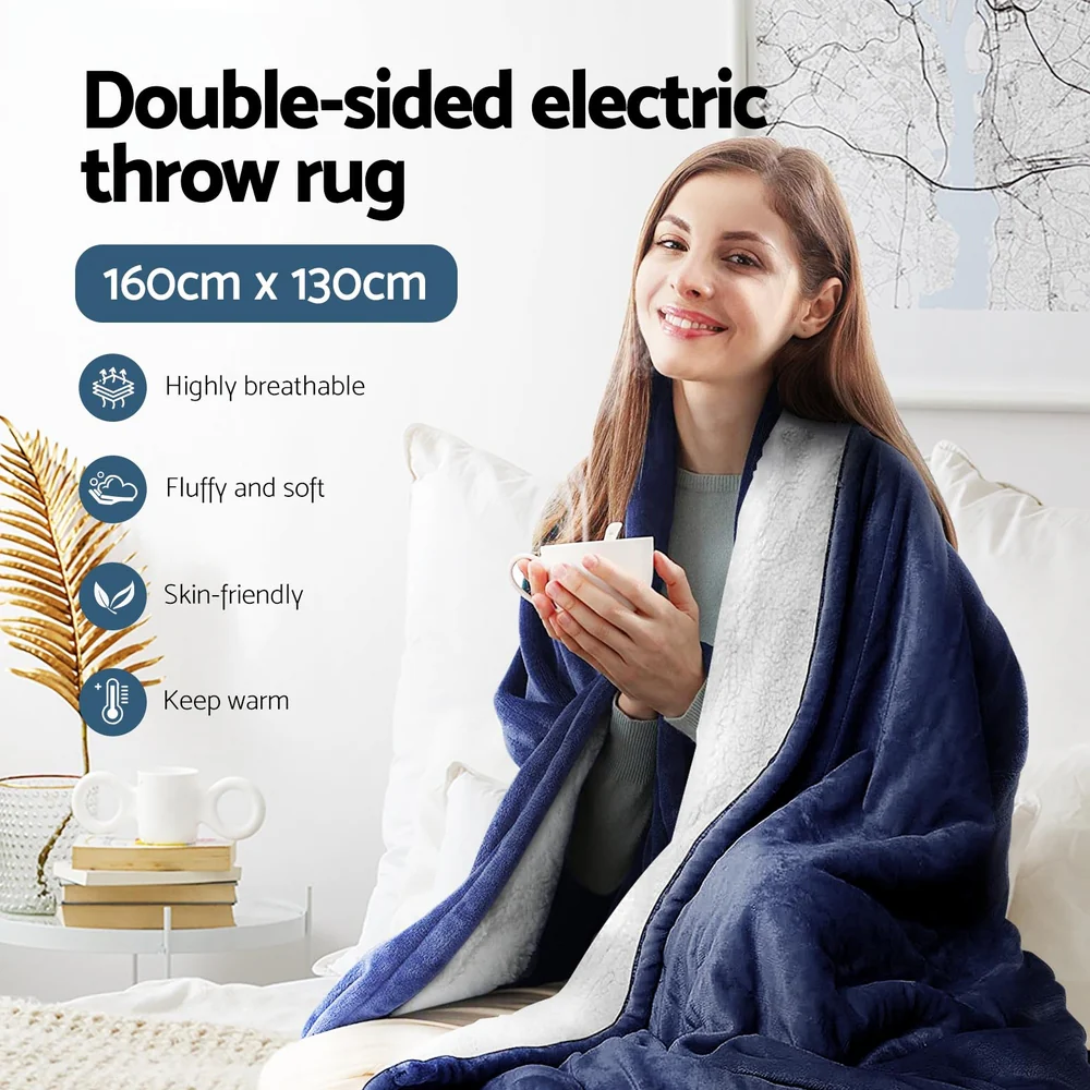 Watson Electric Throw Soft Blanket Rug Heated Washable Snuggle Flannel Winter - Navy - Nurns