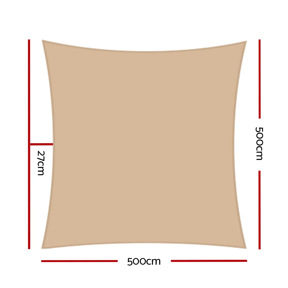 Instahut Shade Sail 5x5m Square 280GSM 98% Sand Shade Cloth - Nurns