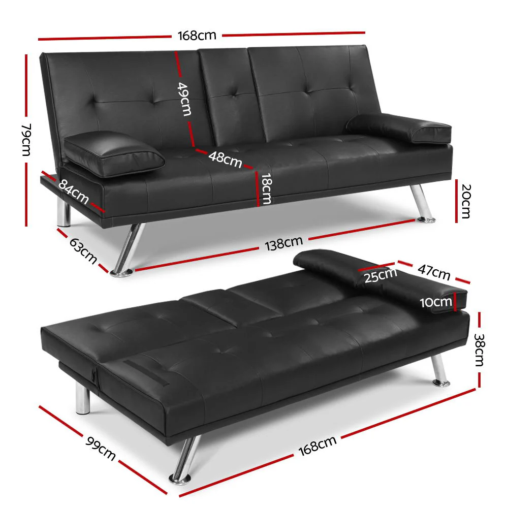 Madaline 2-Seater Leather Cup Holder Futon Sofa Bed Lounge Couch - Black - Nurns