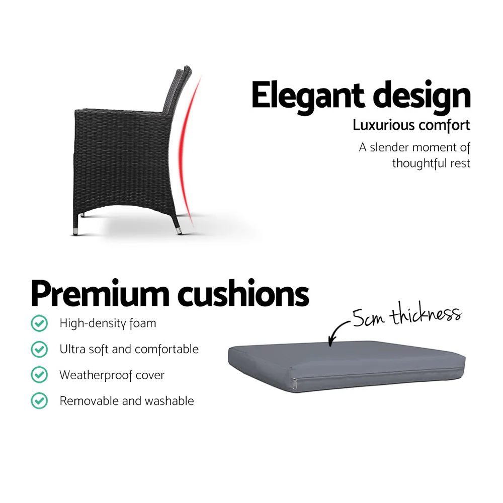 Wareham 2-Seater Chair Table Wicker Patio Tea Coffee Cafe Bar 3-Piece Outdoor Furniture - Black - Nurns