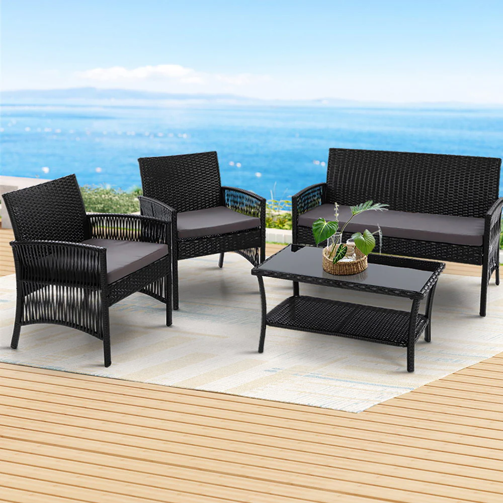 Luis 4-Seater Wicker Harp Chair Table Garden Furniture 4-Piece Outdoor Sofa Set - Black - Nurns