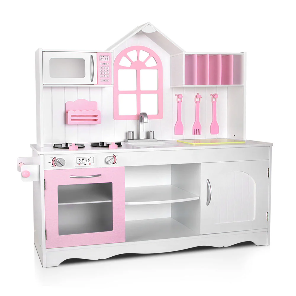 Kids Wooden Kitchen Play Set - White & Pink - Nurns