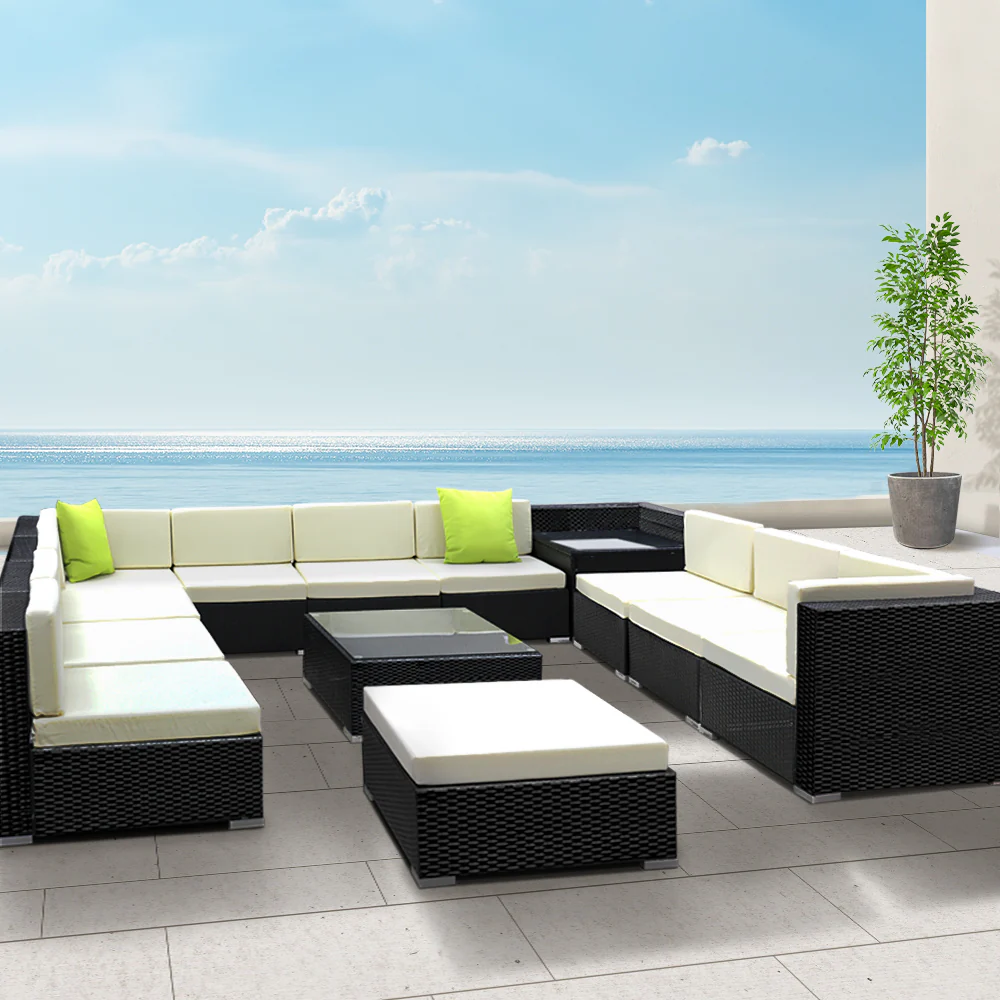 Chester 12-Seater Furniture Set Wicker Garden Patio Lounge 13-Piece Outdoor Sofa - Black - Nurns