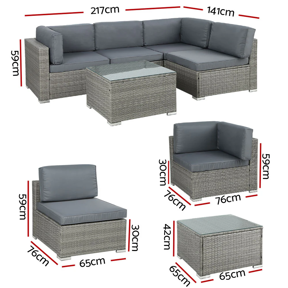 Driffield 4-Seater Furniture Wicker Table Chairs 5-Piece Outdoor Sofa - Grey - Nurns