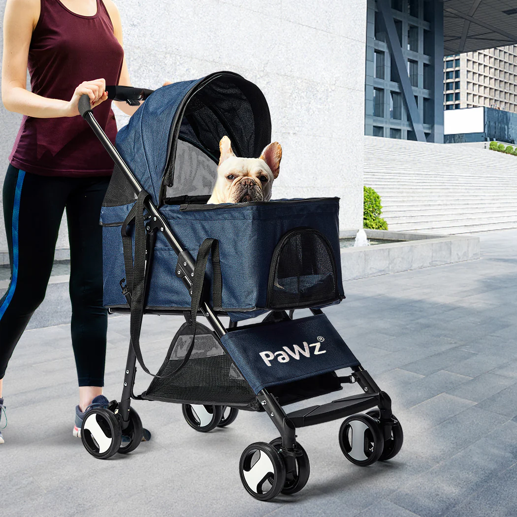 Pet Stroller Dog Cat Pram Foldable Carrier 4 Wheels Travel Pushchair Blue Large - Nurns
