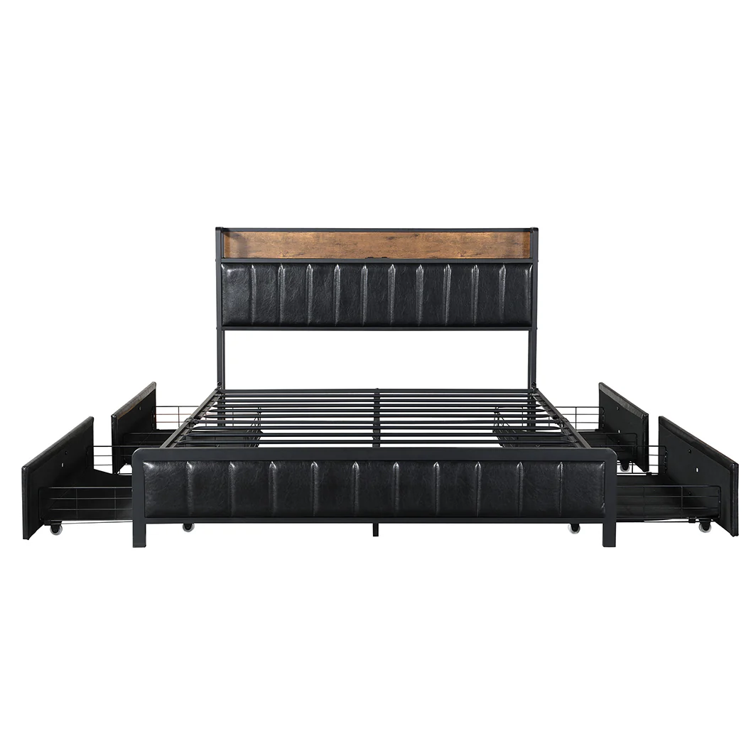 Fargo Bed Frame PU with 4 Drawers and USB Charger - Black Queen - Nurns