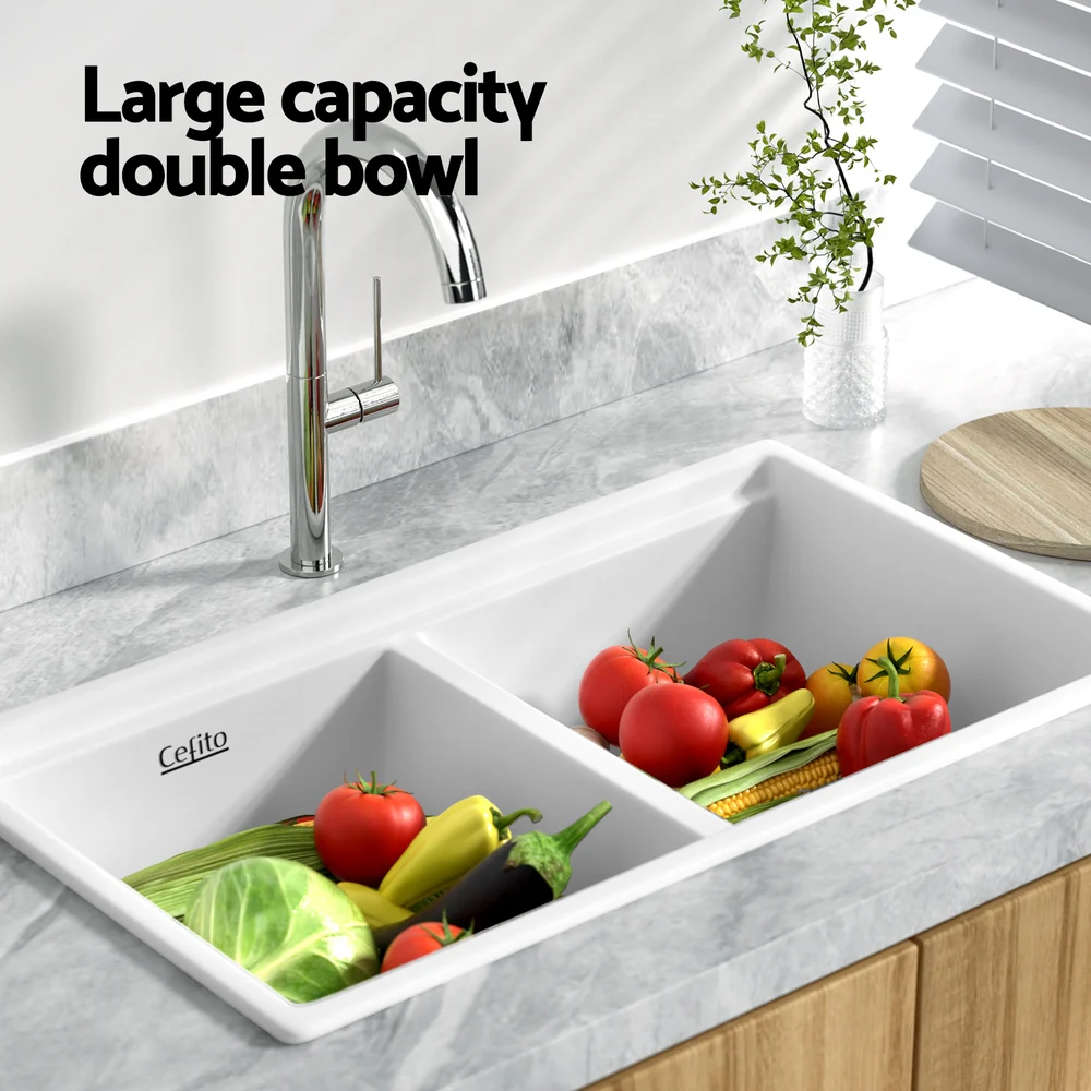 Kitchen Sink Stone Sink Granite Laundry Basin Double Bowl 79cmx46cm - White - Nurns