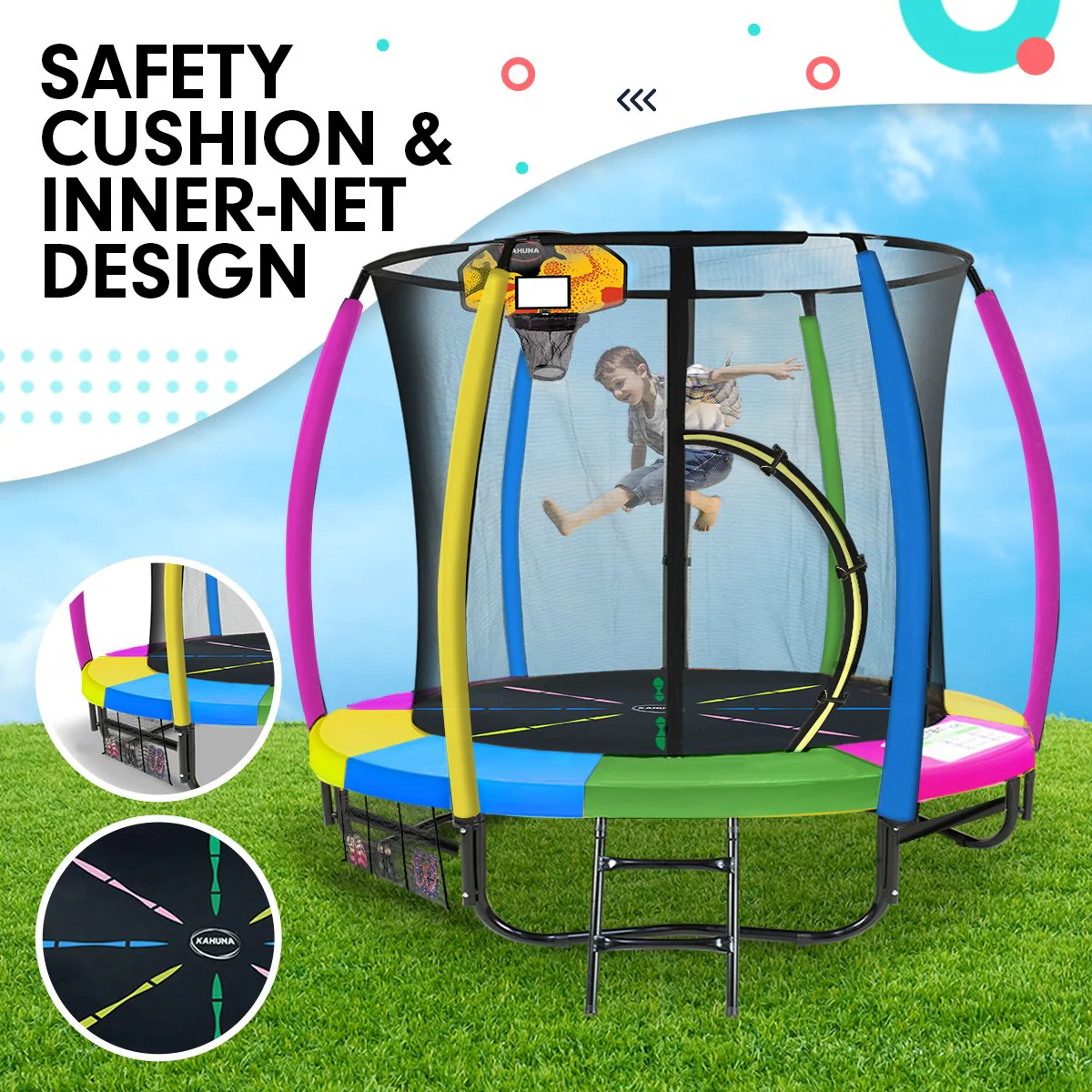 Kahuna Trampoline for Kids 8FT Outdoor Children with Safety Enclosure Mat Pad Net Ladder Basketball Hoop Set - Rainbow - Nurns