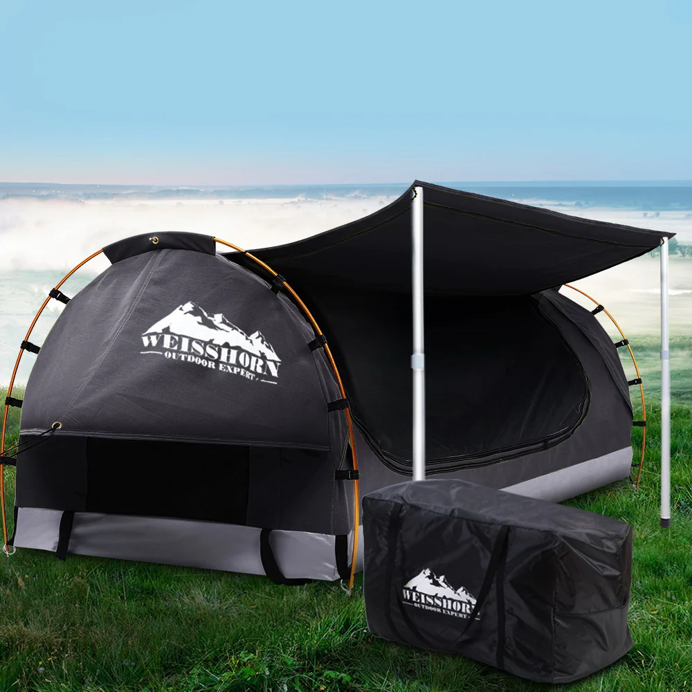Double Swag Camping Swags Canvas Free Standing Dome Tent Dark Grey 4CM - Nurns