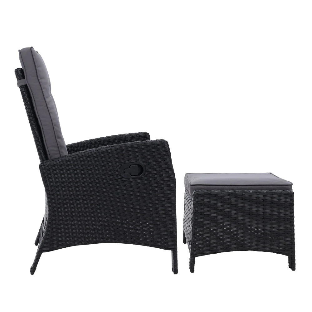 Dursley Set of 2 Recliner Chair Outdoor Furniture Setting Patio Wicker Sofa Chair and Ottoman - Black - Nurns