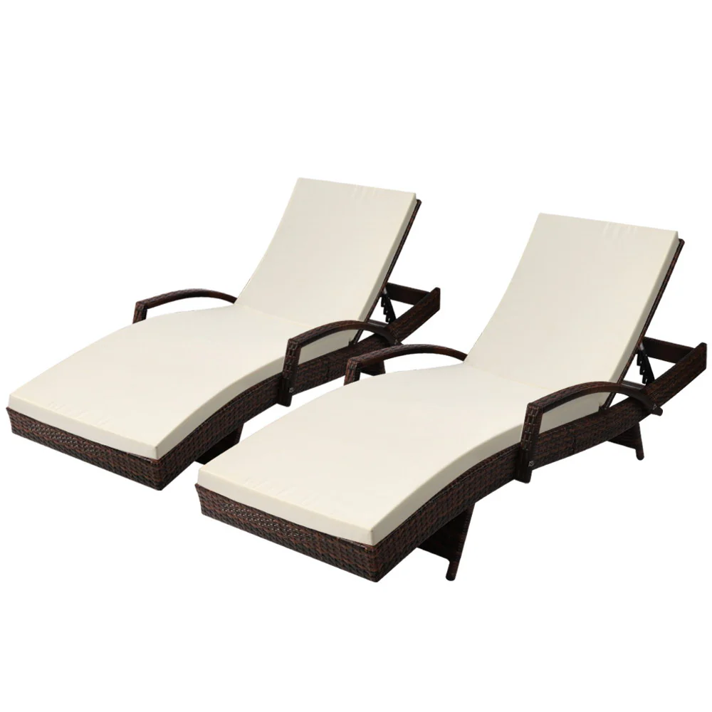 Ashby Set of 2 Outdoor Sun Lounge Wicker with Armrest Chair and Cushion - Brown - Nurns