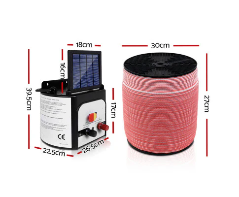 Electric Fence Energiser 8km Solar Powered Energizer Charger + 1200m Tape - Nurns