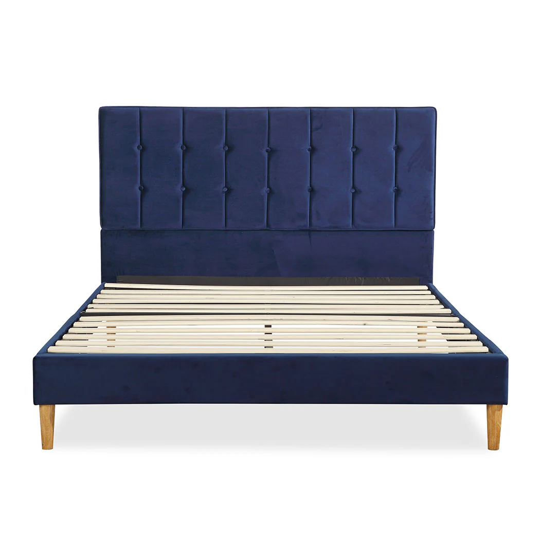 Venlo Bed Frame Base Platform Wooden Velvet with Headboard Blue - Double - Nurns
