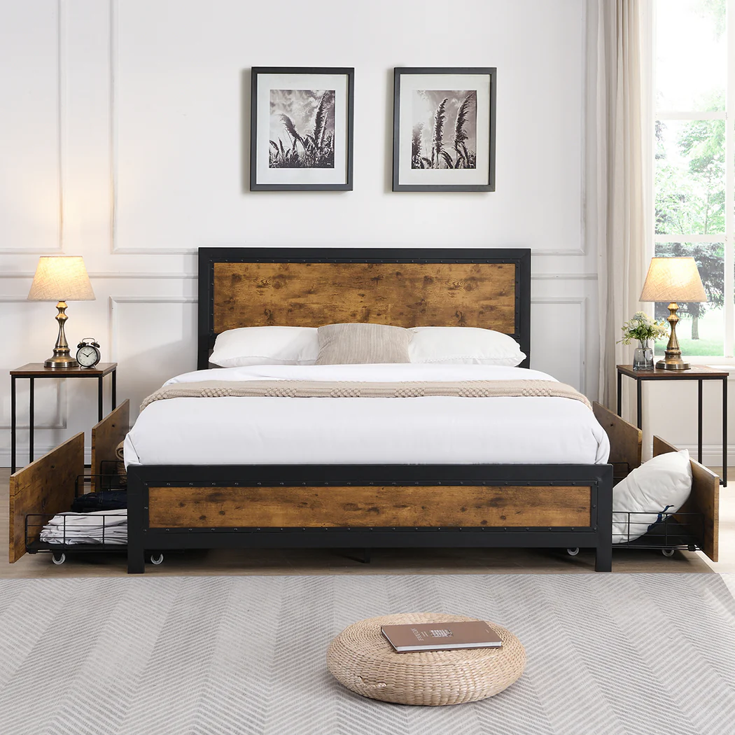 Mara Metal Bed Frame Platform Wooden with 4 Drawers Rustic - Black & Wood Double - Nurns