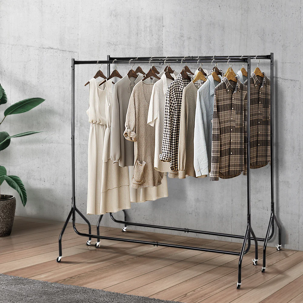Set of 2 Clothes Rack Airer Coat Stand 6FT Rail with Wheels - Nurns