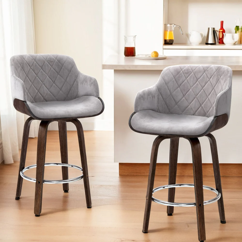 Set of 4 Lleida Bar Stools Swivel Velvet Padded Wooden - Grey - Nurns
