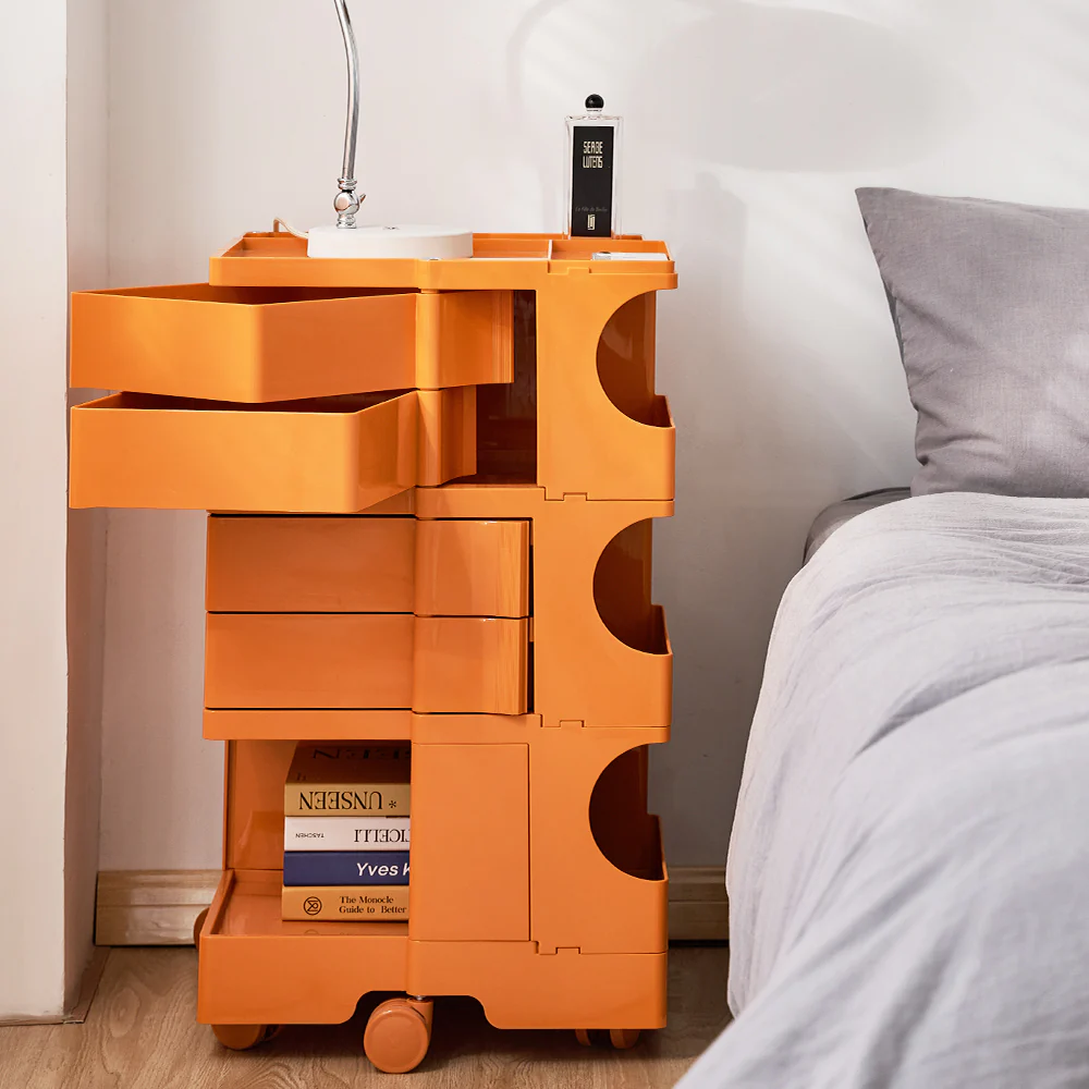 Vernon PP Plastic Bedside Tables Side Tables Nightstand Organizer Replica Boby Trolley 5 Tier with 4 Drawers - Orange - Nurns