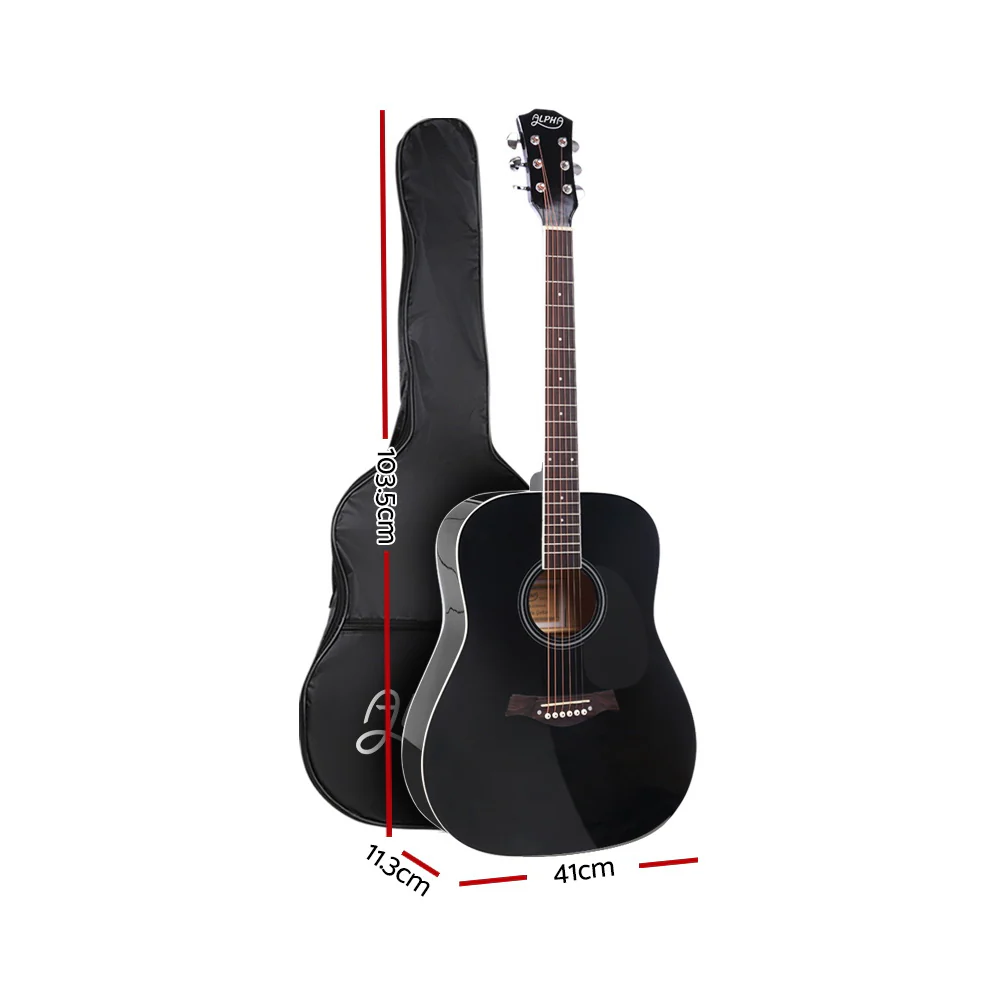 Alpha 41 Inch Acoustic Guitar Wooden Body Steel String Dreadnought Black - Nurns