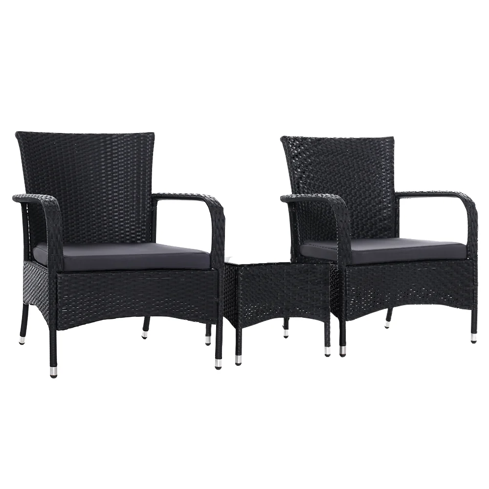 Noah 2-Seater Patio Wicker Conversation Chairs Table 3-Piece Outdoor Furniture - Black - Nurns