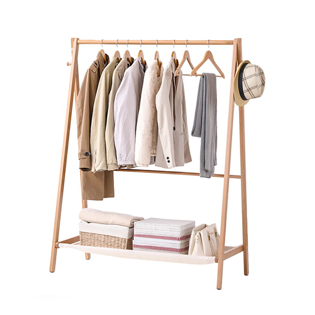 Clothes Stand Garment Drying Rack Hanger Organiser Wooden Rail Portable - Nurns