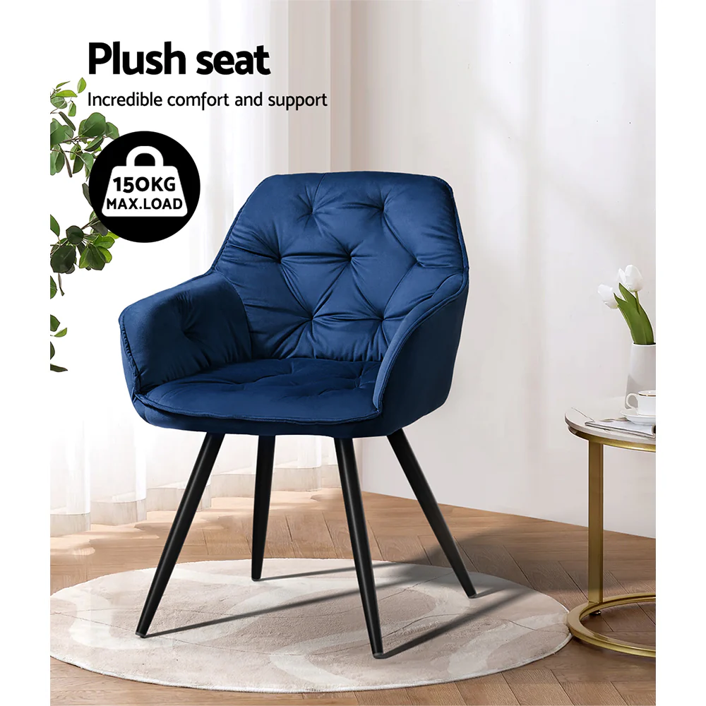 Everly Set of 2 Dining Chairs Velvet Diamond Tufted Armchair - Blue - Nurns