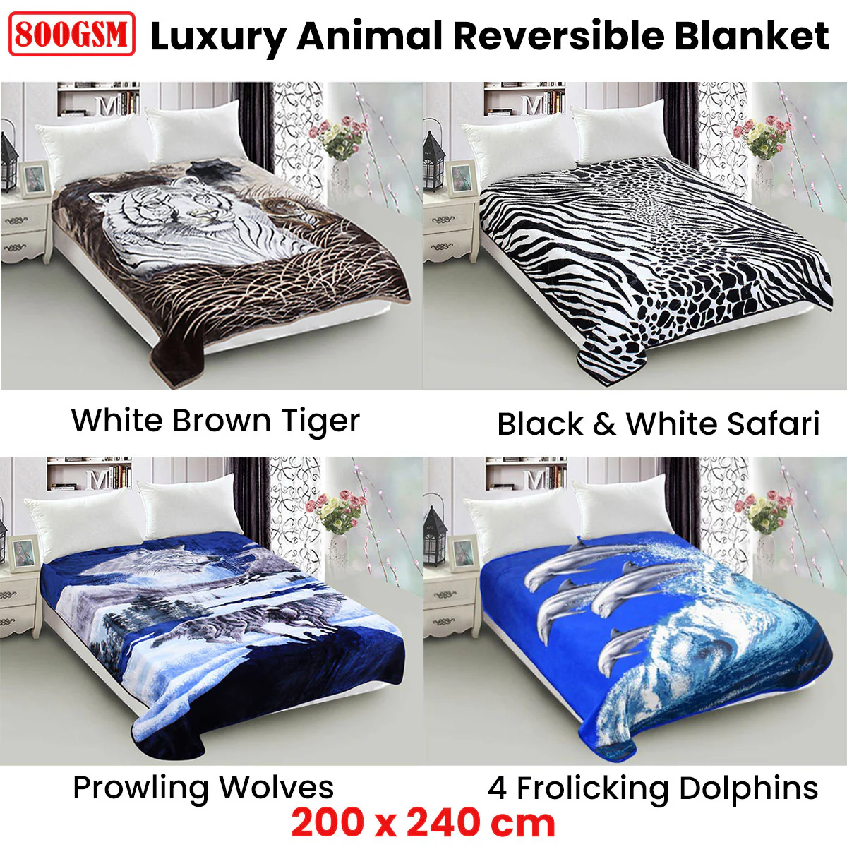 Whitney Throw Soft Blanket 800GSM Luxury Reversible Animal Mink Blanket Queen 200 x 240cm - Frolicking Dolphins - Nurns