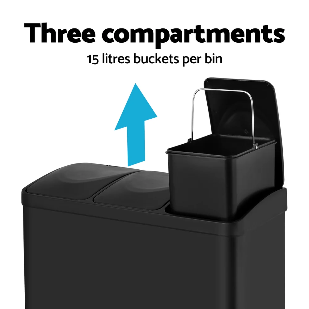 Pedal Bins Rubbish Bin Triple Compartments Waste Recycle Dustbins 45L - Nurns