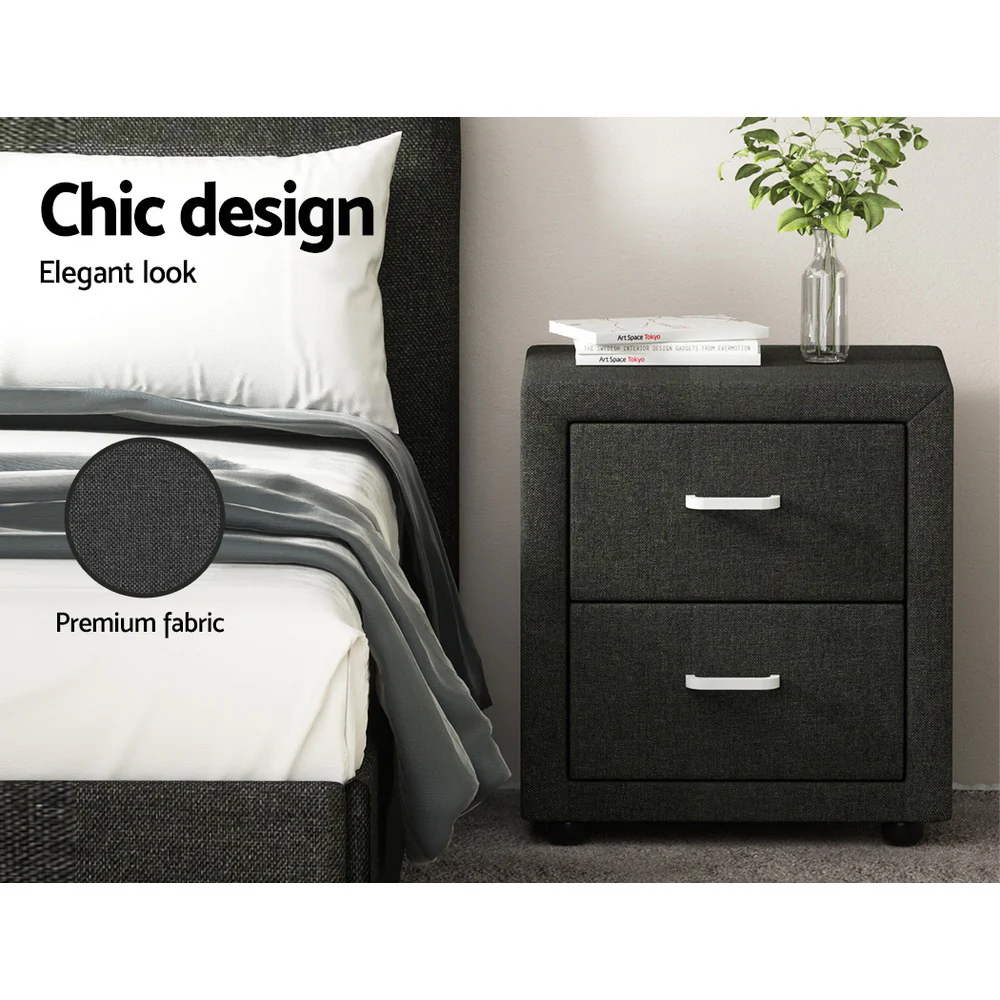 Kildonan Fabric Bedside Tables with 2 Drawers - Charcoal - Nurns