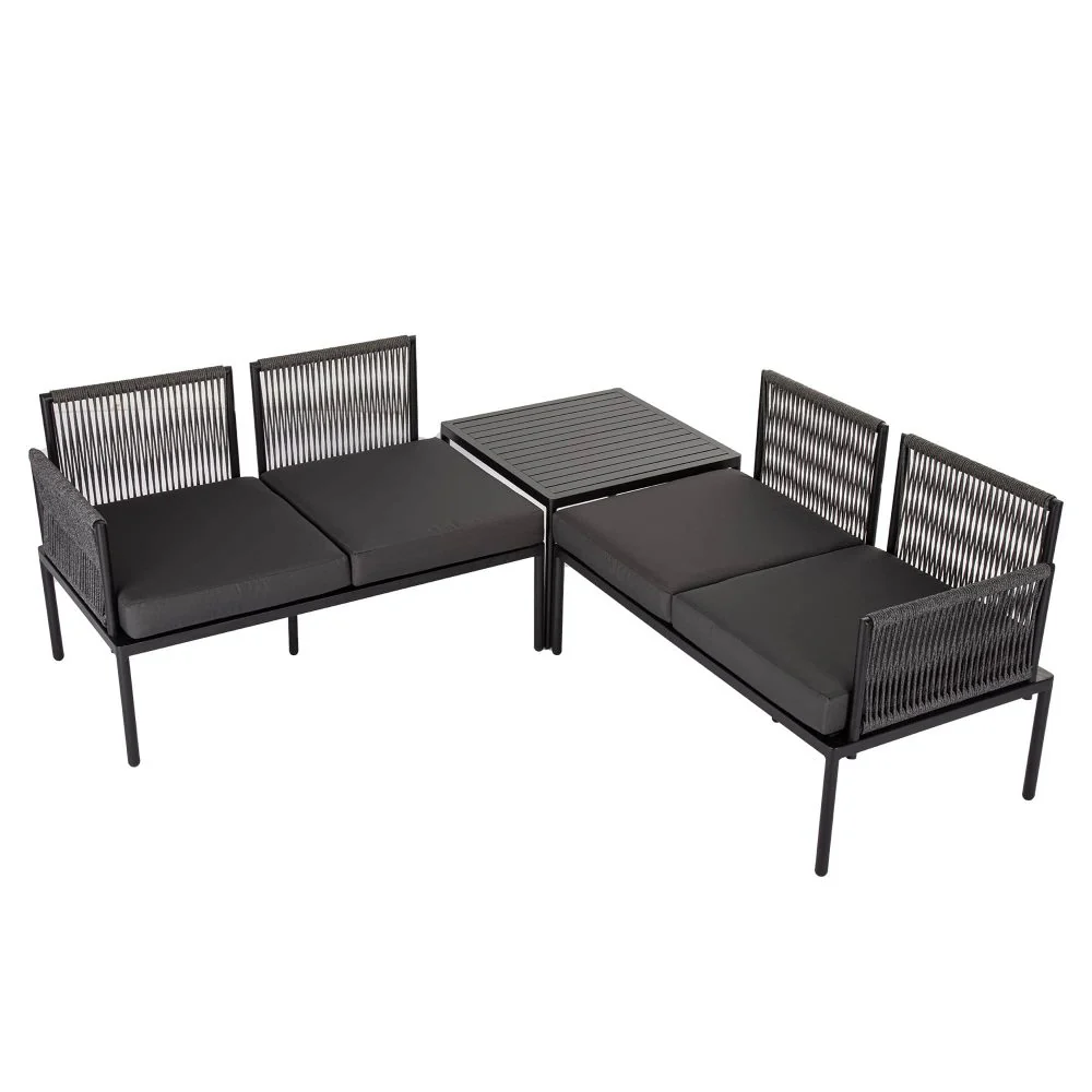Cosmo 4-Seater with Coffee Table Stylish Textile and Rope Design 3-Piece Outdoor Lounge Set - Black - Nurns