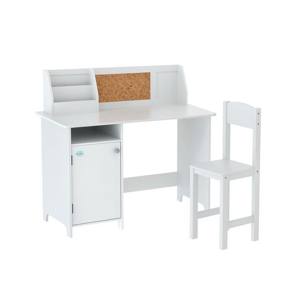 Pebie 2-Piece Kids Table & Chairs Set Children Study Play Toys Desk with Cabinet Storage - White - Nurns