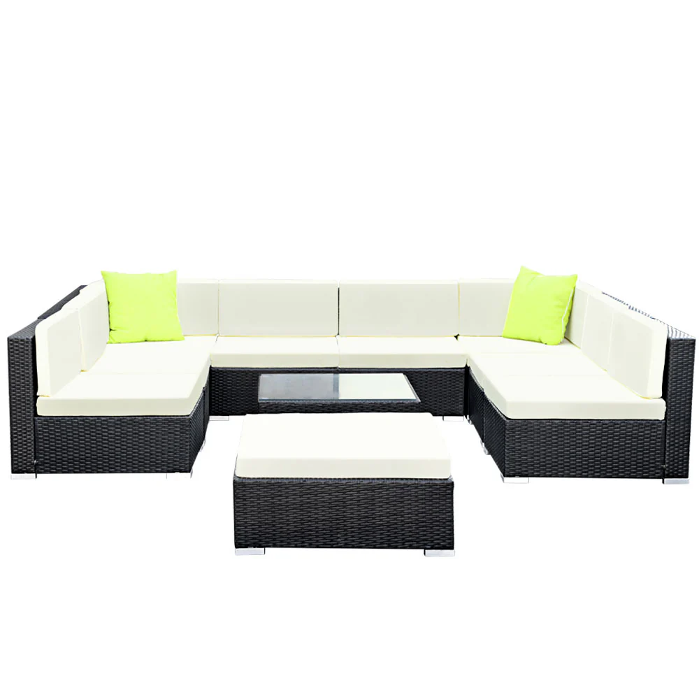 Chester 9-Seater Outdoor Set Furniture Wicker 10-Piece Sofa with Storage Cover - Black - Nurns
