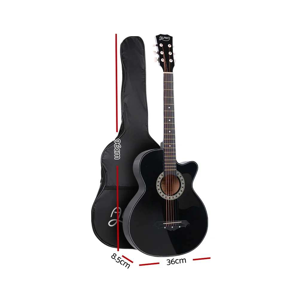 Alpha 38 Inch Acoustic Guitar Wooden Body Steel String Full Size Cutaway Black - Nurns
