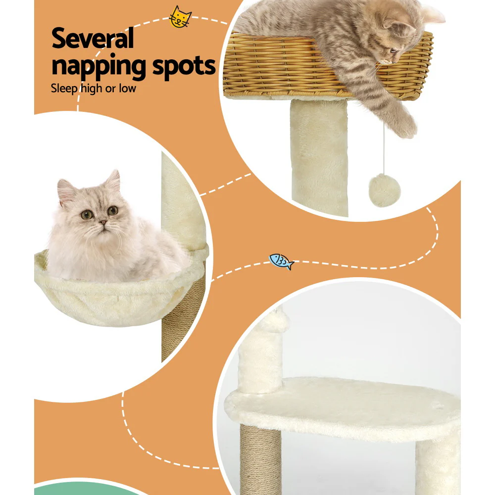 Cat Tree 138cm Tower Scratching Post Scratcher Wood Bed Condo House Rattan Ladder - Nurns