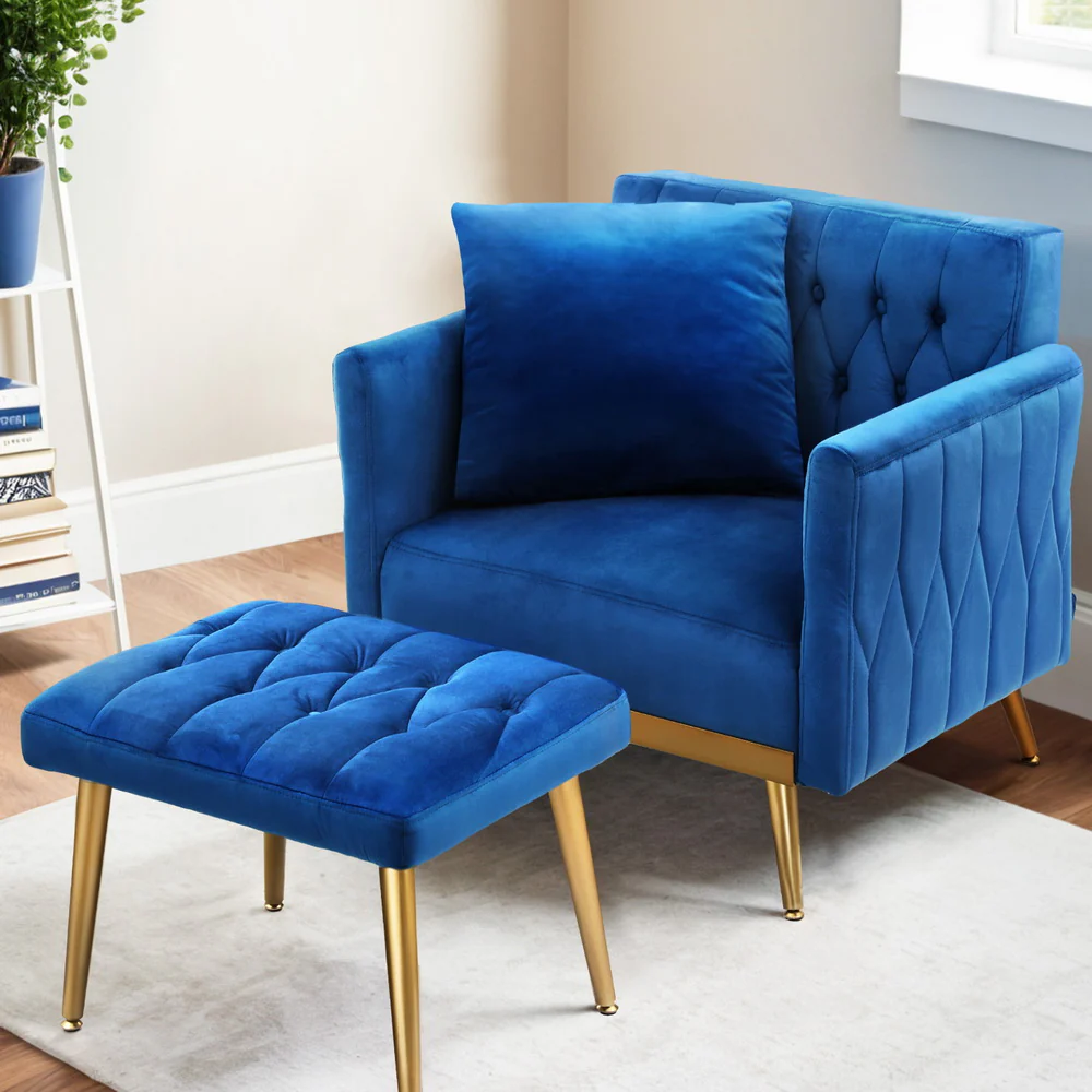 Melanie Armchair Ottoman Accent Chair Pillow Velvet - Blue - Nurns