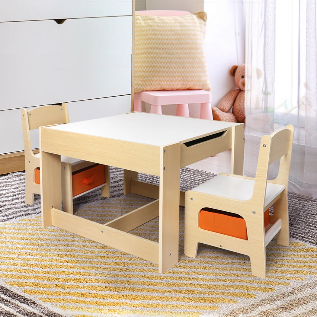 Phyllys 3-Piece Kids Table & Chairs Set Storage Box Toys Play Desk Wooden Study - White & Wood - Nurns