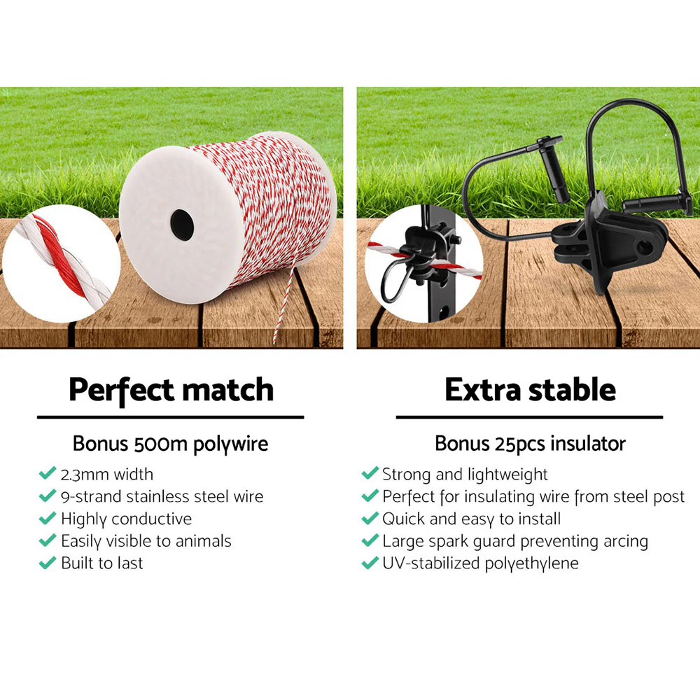 5km Solar Electric Fence Energiser Charger with 500M Tape and 25pcs Insulators - Nurns