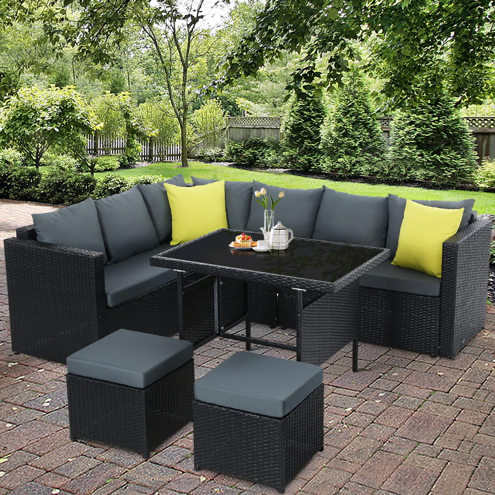 Alnwick 5-Seater Furniture Patio Set Table Chair Lounge Wicker Garden 6-Piece Outdoor Sofa - Black - Nurns