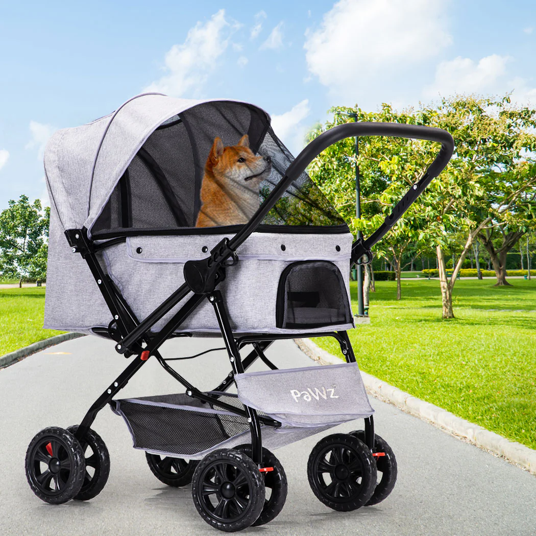 Pet Stroller Pram Dog Carrier Trailer Strollers 4 Wheels Foldable Large - Grey Large - Nurns