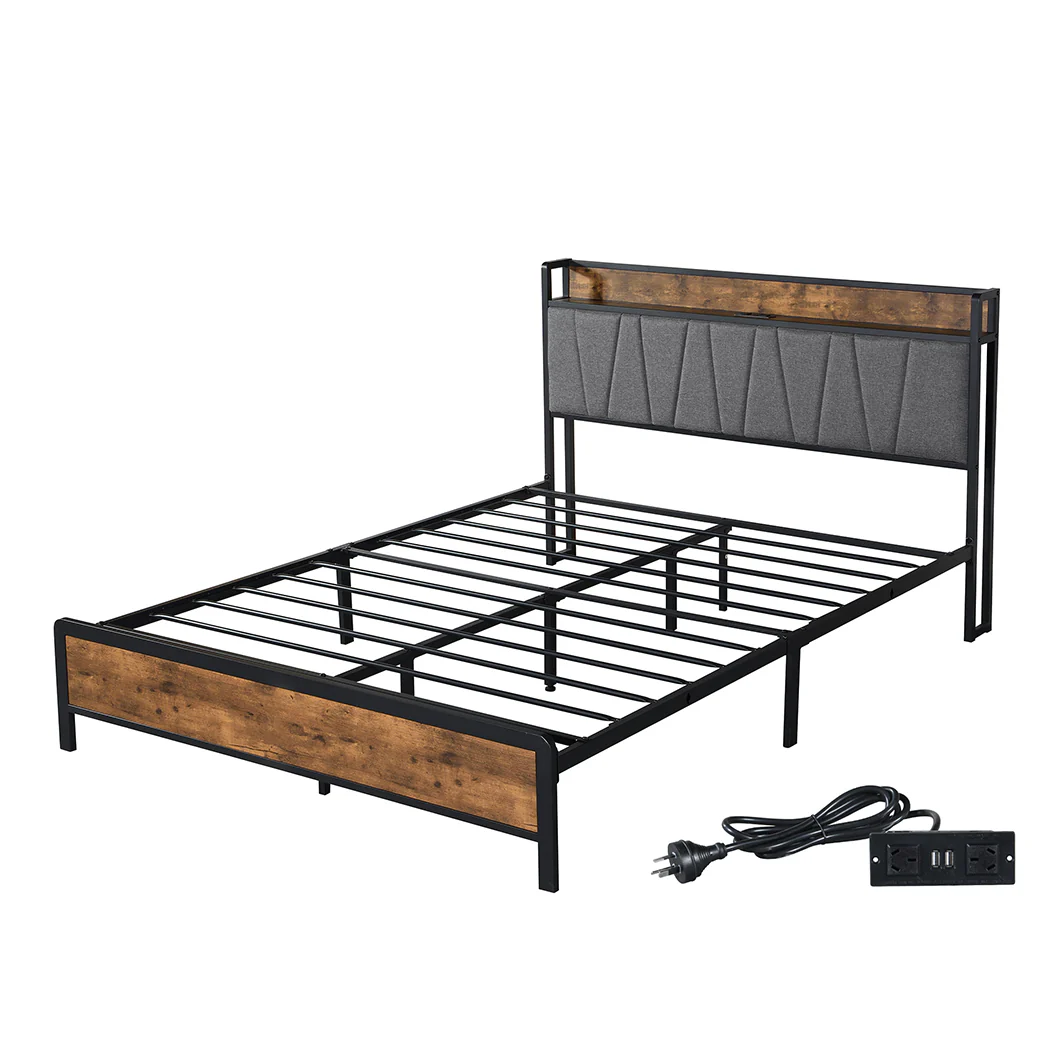 Eras Bed Frame Tufted Headboard USB Charge - Wood & Black Queen - Nurns