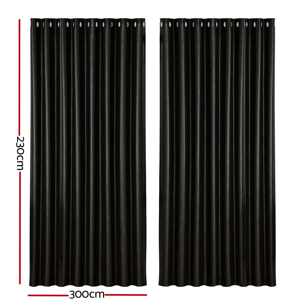 Set of 2 Blockout Curtains Blackout Window Curtain Eyelet 300x230cm Black Shine - Nurns